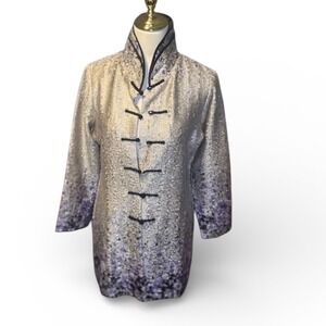 Elegant Silver‎ and Purple Brocade Mandarin style Jacket Size XL longline floral